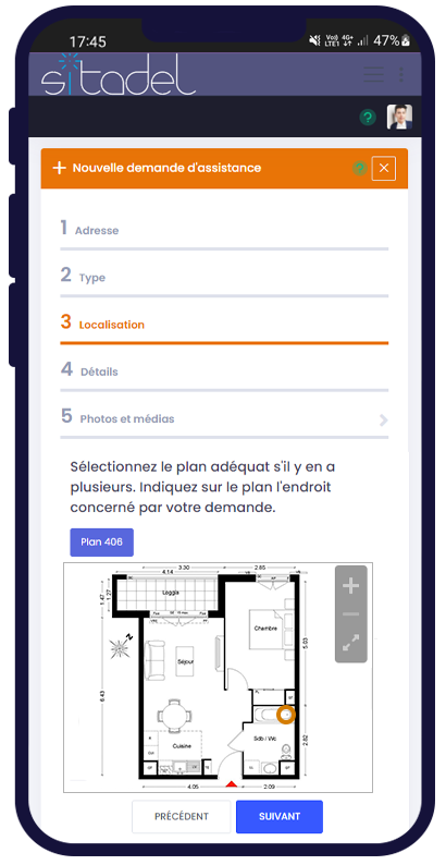 Téléphone ouvert sur Sitadel sur la page de création d’une demande d’assistance suite à une demande de GPA