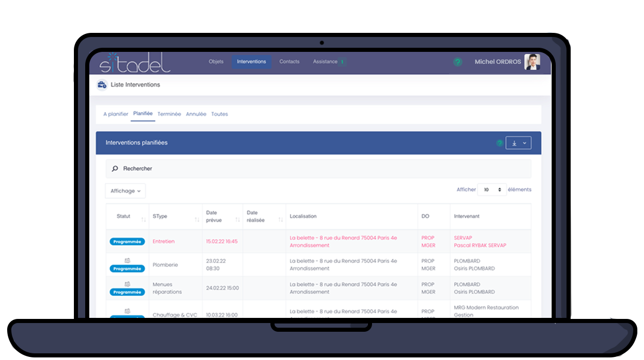 Ordinateur ouvert sur Sitadel sur la liste des demandes d’intervention pour des levées de réserves