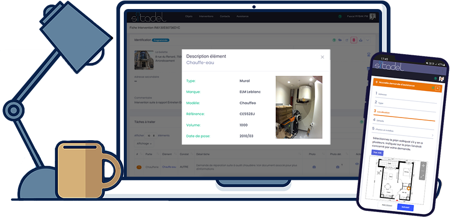 Ordinateur qui montrer le descriptif d’un actif et un téléphone qui montre la création d’un ticket sur Sitadel pour la gestion patrimoniale