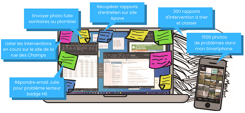 Ordinateur d’un Property manager avec des applications de GMAO ouvertes et des post-its sur l’écran